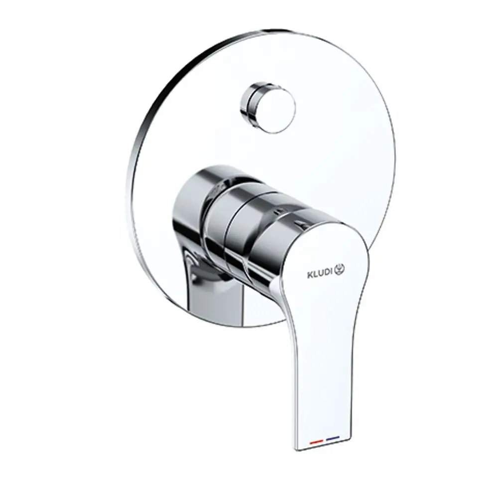 Einfache, runde Wandarmatur in Chromfinish von Kludi mit zwei Griffen zur Steuerung von Wasserfunktion und Temperatur.